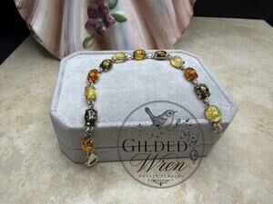 Vintage Baltic Amber 925 Sterling Silver Bracelet Honey Cognac Green 7 Inch
